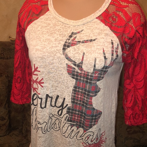 Merry Christmas burn out top lace sleeve reindeer S - Picture 1 of 5